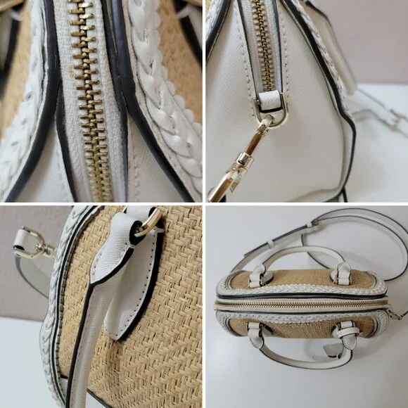 Kate Spade ♠️ White Leather & Woven Straw Dome Satchel Crossbody Gold Hardware - Picture 13 of 14